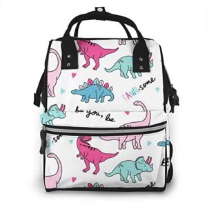 Pink Dinosaur Pattern Fashion Diaper Bags Mummy Backpack Large Capacity Nappy Bag Nursing Bag for Baby Care for Traveling Multi Functions Waterproof