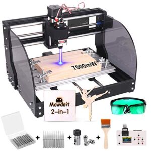 2-in-1 7000 m W 3018 Pro-M CNC Router Kit, GRBL Control 3 Axis Wood Plastic Acrylic PCB MDF Carving Milling Engraving Machine with Offline Controller, CNC Router Bits, ER11 Collects