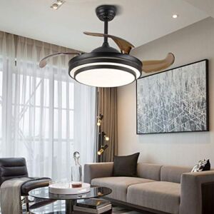 42″ Modern LED Invisible Ceiling Fan Lights and Remote 4 Retractable Brown Blades Chandelier Fan lighting for Home Indoor Bedroom Diningroom Livingroom (Black)