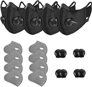 4 Pack Unisex Adjustable Reusable Dust Face Protection with 8 Carbon Filters and 8 Breathing Valves for Bicycle Riding Running Cycling Outdoor Sport Black