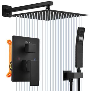 Beati Shower Faucets Combo Sets Complete System Wall Mounted Rainfall 10 Inch Rain Shower Head With Handheld Spray Rough-in Valve Body and Trim Included Matte Black Finish