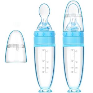 2 Pieces Baby Silicone Feeding Bottle Spoon Baby Food Feeder with Standing Base for Infant 0-24 Months Dispensing and Feeding (Blue)