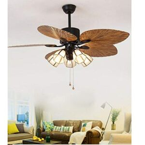 Palm Leaf Blade Ceiling Fan 52 inch 3 Glass Lampshades, 3-Speed Quite Indoor/Outdoor Tropical Ceiling Fans with Lights Pull Chain Control For Patio Exterior House Porch Gazebo Garage Barn, Brown