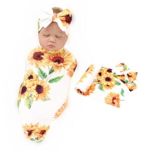 Galabloomer Newborn Sunflower Receiving Blanket Headband Set Baby Flower Rose Swaddle with Big Bow