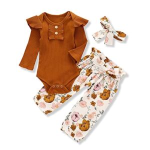 Newborn Baby Girls Clothes Ribbed Ruffled Romper+Floral Pants+Headband Infant Outfit Set
