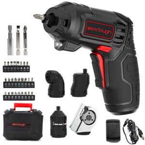 Werktough Multi Tools Cordless Screwdriver 4V Drill Driver Torque Screwdriver 10Nm 4 Changeable Heads for Cutting 90°Conversion Eccentric and Torque Adjustable 1H Quick Charger USB in Blow Mould Case