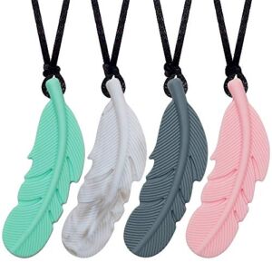 Sensory Chew Necklace for Kids, Boys and Girls, 4 Pack Silicone Feather Chewy Necklaces for Autism, ADHD, Chewing, Oral Motor Chewable Pendant for Mild Chewers