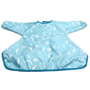 Long Sleeve Baby Bib, Attaches to Highchair, Waterproof & Portable (Light Blue Seaworld)