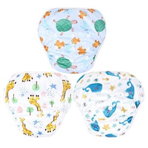 Leekalos One Size Adjustable Reusable Swim Diaper Boys & Girls, Swim Diapers for Baby Shower Gifts & Swimming Lessons, Pack of 3 (Fish, Giraffe, Whale, Large)