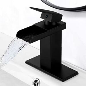 Sccot Matte Black Waterfall Bathroom Faucet Wide Mouth Spout, Solid Brass Sink Vanity Faucets 1 or 3 Hole 4 Inch, Single Handle Basin Lavatory Modern Commercial Mixer Tap with Deck Mount Plate