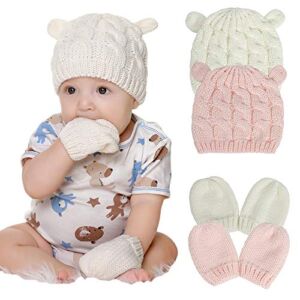 Newborn Winter Beanie Hat Gloves Set for Baby Girls Boys, Infant Toddler Warm Knitted Hat Gloves, Unisex-Baby Beanies (0-6 Months, Pink & White)