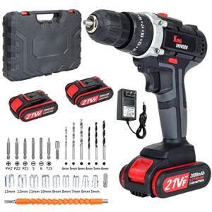 Cordless Drill Driver Kit with 2 battery, King Showden 21V Power Drill 50Nm 25+3 Clutch, 3/8″ Keyless Chuck, Variable Speed & Built-in LED Electric Screw Driver for Drilling Wall, Bricks, Wood, Metal