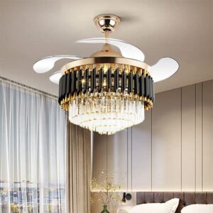 MoreChange 42″ Chandelier Ceiling Fans with Lights Retractable Blades Remote Control Modern Fandaliers Ceiling Fan 3 Speeds 3 Color Changes Lighting Fixtures, Silent Motor with LED Kits(Gold+Black)