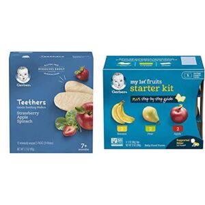Gerber Teethers Gentle Teething Wafers – Strawberry Apple Spinach, 6 Count & Purees My 1st Fruits Starter Kit, 2 Ounce Tubs, Box of 6 (Pack of 2)