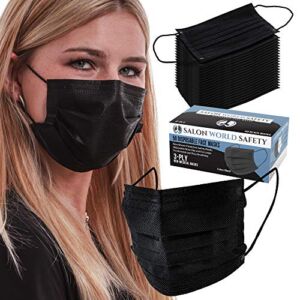 TCP Global Salon World Safety – Sealed Dispenser Box of 50 Black Face Masks Breathable Disposable 3-Ply Protective PPE with Nose Clip and Ear Loops