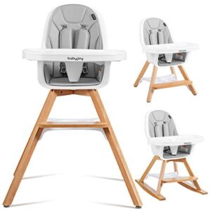BABY JOY 3 in 1 High Chair, Baby Eat & Grow Convertible Wooden High Chair/Rocking Chair/Booster Seat/Toddler Chair, Infant Dining Chairs w/ Double Removable Tray, 5-Point Seat Belt & PU Cushion, Gray