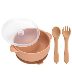 Baby Bowls, BPA Free Silicone Suction Bowls for Baby, Comes with Leak Proof Lids and Soft Spoon Fork, 100% Safe Self Training Feeding Bowl for Toddlers Kids and Babies (Apricot)