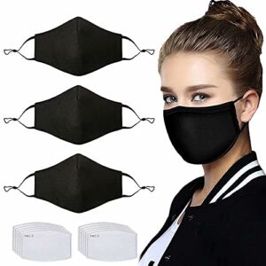 3 Pcs Adult Unisex Reusable Washable Adjustable Face Protection with Filter Pocket and Nose Wire Black Breathable Cotton Dust Cloth with 10Pcs Replacement Carbon Filters for Man and Women