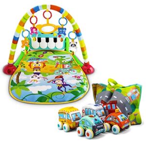 UNIH Baby Activity Gym Rack Piano Fitness Playmat & Pull-Back Vehicle Soft Toys with Play Mat