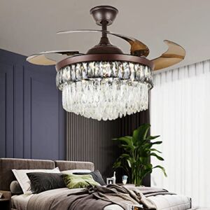 Ruiwing 42″ Luxury Ceiling Fan Contemporary Chic Crystal Chandelier Fan Brown Retractable Ceiling Fans Light LED 3 Color Setting for Bedroom Living Room