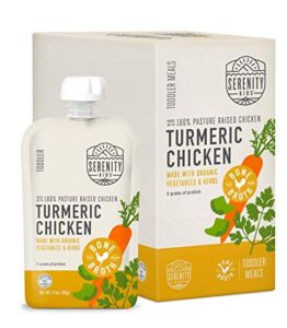 Serenity Kids Bone Broth Puree Made With Organic Veggies | Clean Label Project Purity Award Certified | 3.5 Ounce BPA-Free Pouch | Pasture Raised Turmeric Chicken | 6 Count