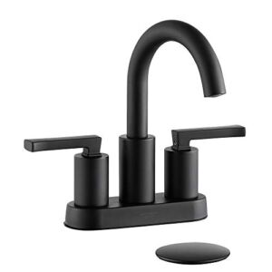 Matte Black Centerset Bathroom Sink Faucet with Pop-up Drain Assembly, High Arc Modern 4 inch Bathroom Vanity Lavatory Faucet 3 Holes with Brass 360° Swivel Spout, 2 Handle Bathroom Faucets