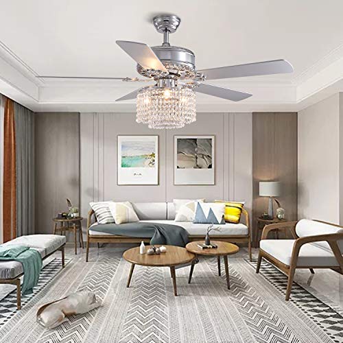 CROSSIO 52 Inch Crystal Ceiling Fan with Light and Remote Control, Modern Chandelier Fan with 5 Reversible Wood Blades Chrome Fandelier for Living Room Bedroom (Fine line crystal-ceiling fan) | The Storepaperoomates Retail Market - Fast Affordable Shopping