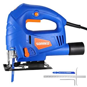SORAKO Jigsaw, 5.0Amp Jig Saw Tool Corded Electric Power Cutter,800-3000 SPM Jig Saw, 6 Variable Speed, 0°-45° Bevel Cutting, 4 Orbital Sets, for Woodworking with 2PCS Blades & Scale Ruler