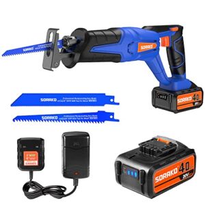 SORAKO Cordless Reciprocating Saw, 20V MAX Battery Power Saw,4.0Ah Battery and Charger, 0-3000 SPM Variable Speed, Battery Powered Saw, 2 Saw Blades for Wood/Metal/PVC