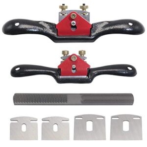 KOOTANS 2pcs 9″ 10″ Adjustable Spokeshave, with Replacement Blades and 4-Way Rasp File, Manual Planer with Flat Base, Perfect for Planing Trimming, Wood Working Deburring Tools