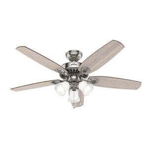 Hunter Fan Company 51111 Builder Indoor Ceiling Fan with LED Light and Pull Chain Control, 52″, Brushed Nickel Finish