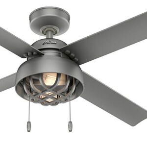 Hunter Fan 52 inch Contemporary Matte Silver Indoor/Outdoor Ceiling Fan with Light Kit and pull Chain (Renewed)