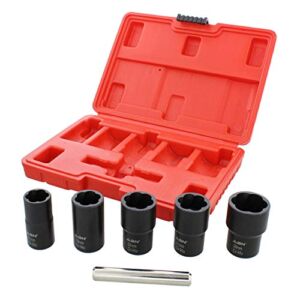 ABN 1/2in Drive Lug Nut Rounded Bolt Remover Socket Set 6pc Stripped Bolt Extractor Kit 17 to 26mm with Center Punch Bar