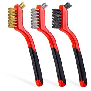 Lavaxon Wire Brush Set 3Pcs – Nylon/Brass/Stainless Steel Bristles with Curved Handle Grip for Rust, Dirt & Paint Scrubbing with Deep Cleaning – 7 Inches (Red)