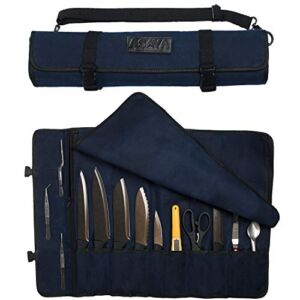Asaya Canvas Chef Knife Roll Bag – 10 Knife Slots and a Large Zipper Pocket – Durable 10oz Canvas Knife Case with an Adjustable Shoulder Strap – Knives not Included