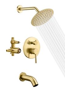 sumerain Pressure Balance Shower and Tub Faucet Set Brushed Gold with Tub Spout, 8″ Shower Head, High Flow