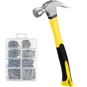 KURUI 16 oz Hammer & 560PCs Hardware Nail Assortment Kit,Claw Hammer Set with Anti-Slip Handle, Anti-Corrosive Galvanized 280 Picture Hanging Nails & 280 Finishing Nails for Household and DIY