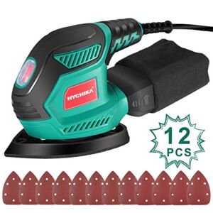Detail Sander, HYCHIKA 200W 14000RPM Hand Sander with Efficient Dust Collection System, 12PCS Sandpapers, Hand Sanders for Woodworking Tight Space Sanding