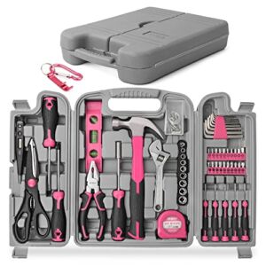 Hi-Spec 54pc Pink Home Tool Kit for Women and 2pc Extra Accessories. Basic Hand Tools for DIY Repairs Complete in a Tool Set Box