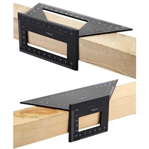 OwnMy Set of 2 Saddle Layout Square Gauge for Woodworking, 45/45 Degree – 90/45 Degree Square Layout Miter Angle Measuring T Ruler, Aluminum Alloy 3D Miter Scriber Template Tool for Carpenter (Black)