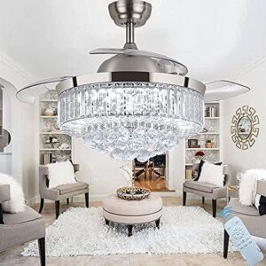 42inches Brushed Nickel crystal Ceiling Fan Indoor with Light and Remote,Ceiling Fans Retractable Blades Bedroom Ceiling Fan with Lights and Remote Control LED Ceiling Fan Light Kit