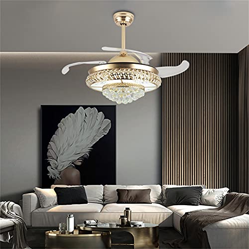 Modern Retractable Crystal Ceiling Fan with Light and Remote Control Ceiling Fan Dimmable 3 Speed Timing Smart Ceiling Fan Chrome Silver for Living Room,Bedroom (Gold, 36 inch) | The Storepaperoomates Retail Market - Fast Affordable Shopping