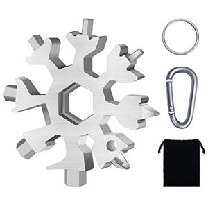FZENeast Snowflake Multitool, 1 Piece 18-in-1 Stainless Steel Snowflake Standard Multitool, Snowflake Wrench with Key Ring, Carabiner Clip and Gift Bag (Silver)