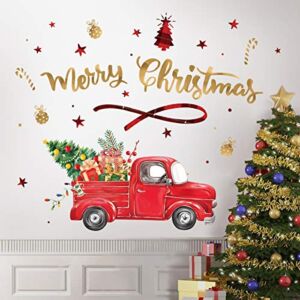 decalmile Gold Merry Christmas Letters Wall Stickers Farmhouse Red Truck with Christmas Trees Wall Decals Living Room Door Party Window Showcase Decoration