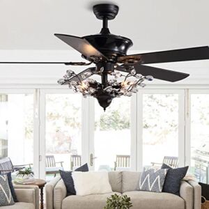 Moooni 50 Inch Reversible Crystal Ceiling Fan with Lights, Vintage Chandelier Fan Light KIt Black Fandelier for Bedroom Living Room