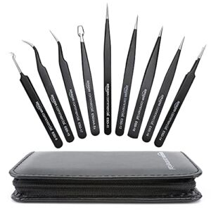 AmazonCommercial 9-Piece Stainless Steel Tweezer Set, Anti-Static ESD Tweezers with Non Magnetic Tips