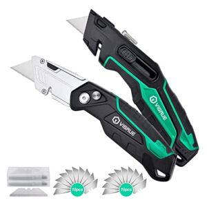 VIGRUE Utility Knife 2-Pack, Box Cutter Heavy Duty Retractable for Cartons Cardboard and Boxes with Blade Storage Design Extra 20 Blades Included (Green)