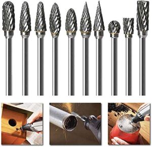 Double Cut Tungsten Carbide Burr Set for Rotary Tool, 10Pcs Rotary Carving Bits with 1/8” Shank and 1/4” Grinding Head for DIY, Woodworking, Engraving, Metal Carving, Drilling, Polishing