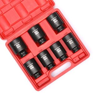 MIXPOWER 1/2-Inch Drive Deep Impact Socket Set, Inch, Cr-Mo, 6-Point, 1-3/8-Inch – 1-3/4-Inch, 7-Piece 1/2″ Dr. Deep Spindle Axle Nut Impact Socket Set