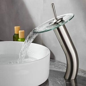 RODDEX Waterfall Bathroom Faucet Glass Single Handle Solid Brass Basin Lavatory Vessel Sink Vanity Faucet, Tall, Brushed Nickel
